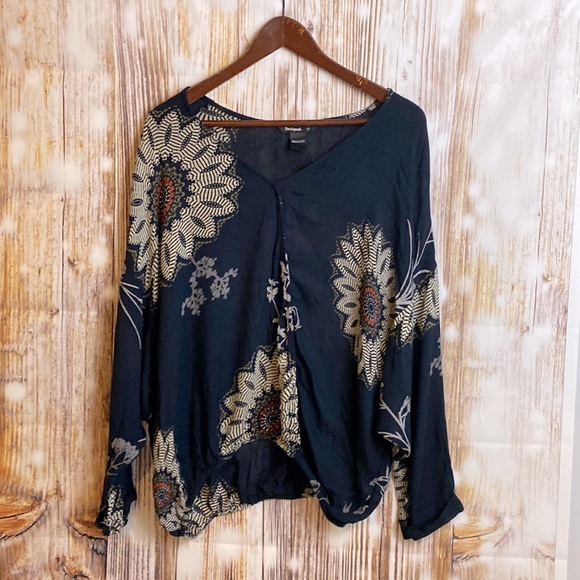 Desigual Tops - Desigual | Navy Floral Boho Designer Blouse Top Mediim
